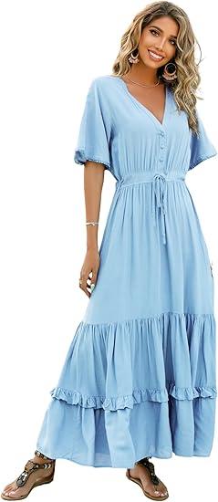 R.Vivimos Womens Summer Cotton Short Sleeve V Neck Floral Print Casual Bohemian Midi Dresses (Large, SkyBlue)