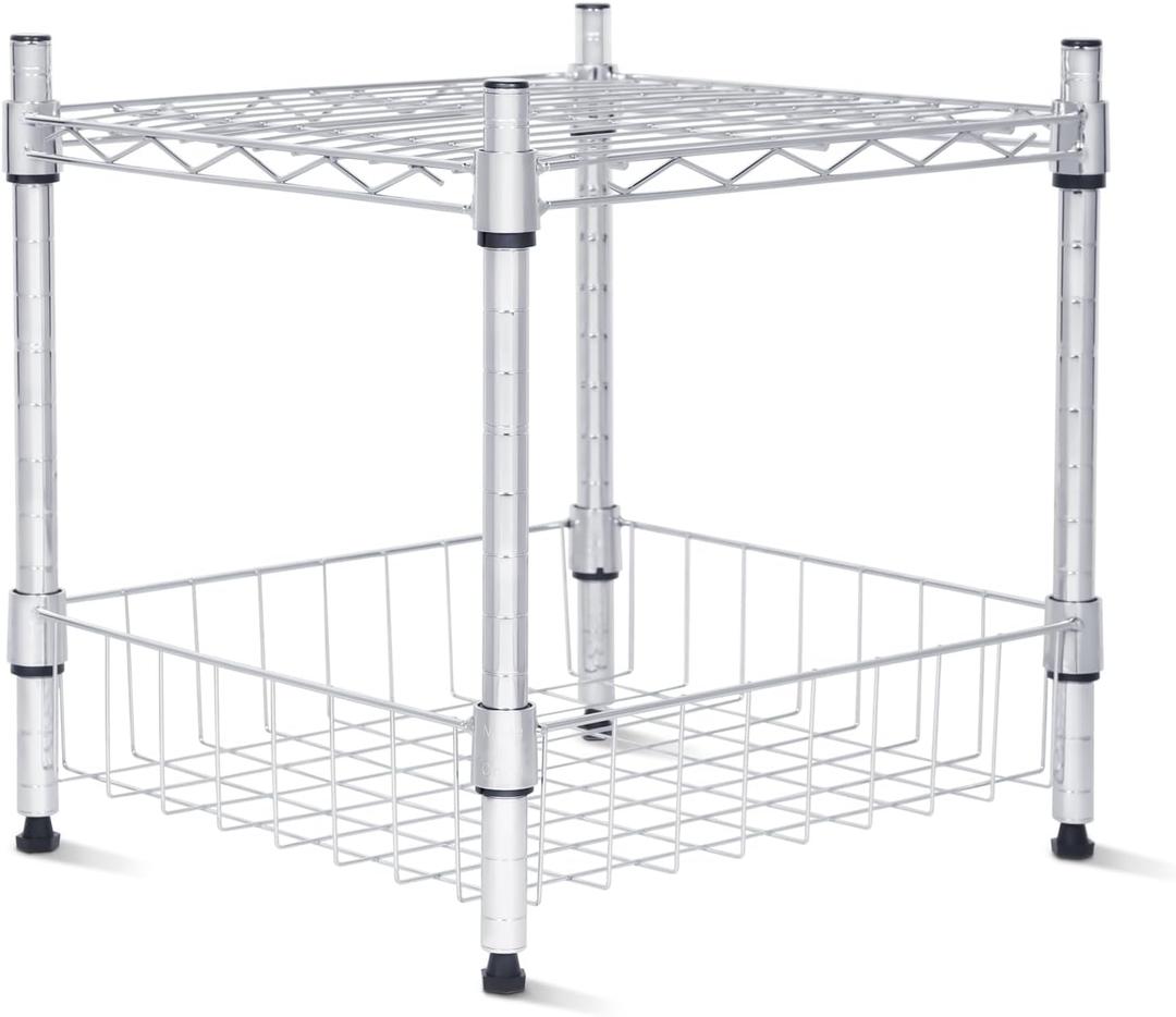 Whitmor 2 Tier Metal Storage Shelves, Heavy Duty Shelf with Basket, 350 lbs Capacity per Shelf, 700 lbs Total, Home Organizer for Kitchen, Garage, Bathroom, 15" L x 14" W x 15" H, Chrome