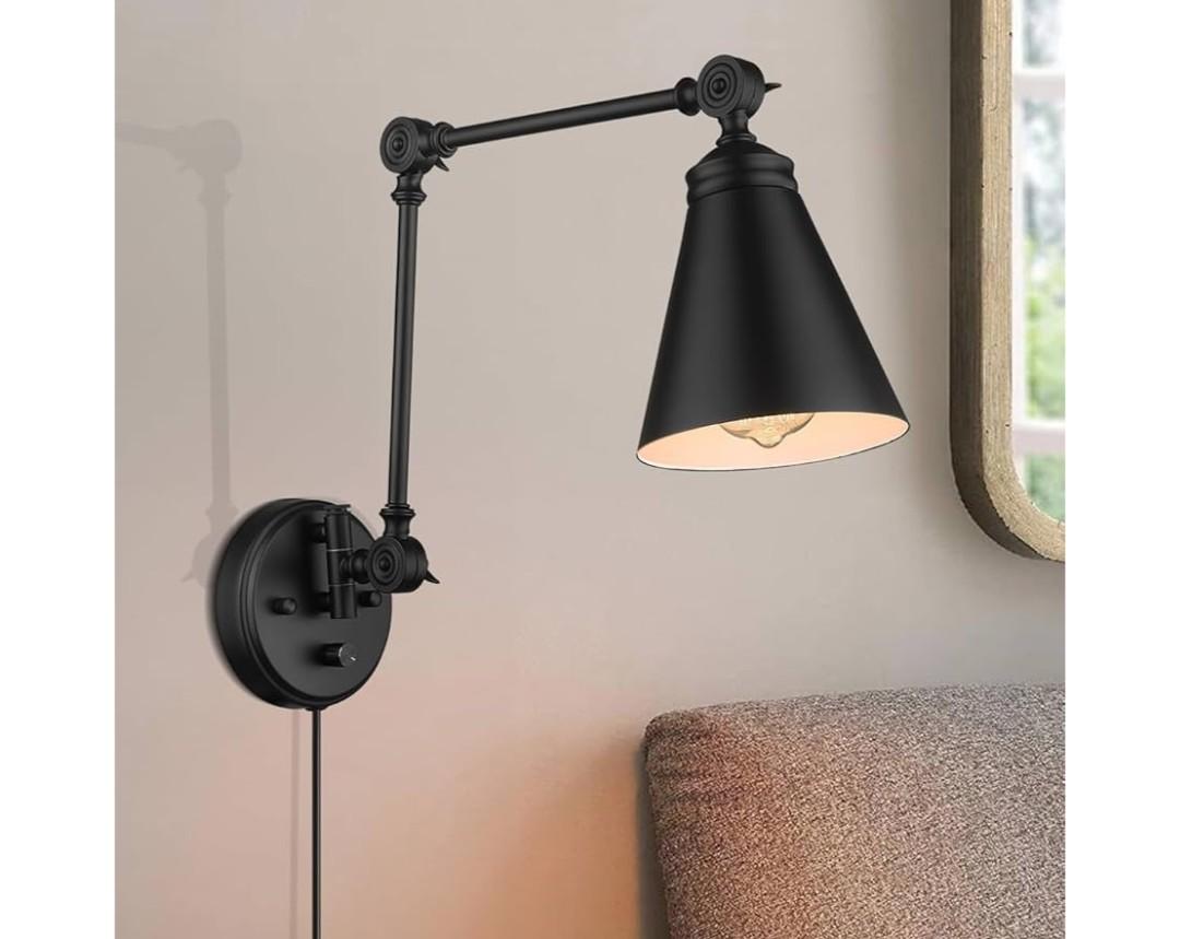 LIROUVET Swing Arm Wall Sconces, Adjustable Plug in Wall Lamp, Industrial Indoor Wall Light with Dimmable On/Off Switch Plug-in Cord, Black Sconces Wall Lighting for Bedroom, Kitchen, WL02BK-N