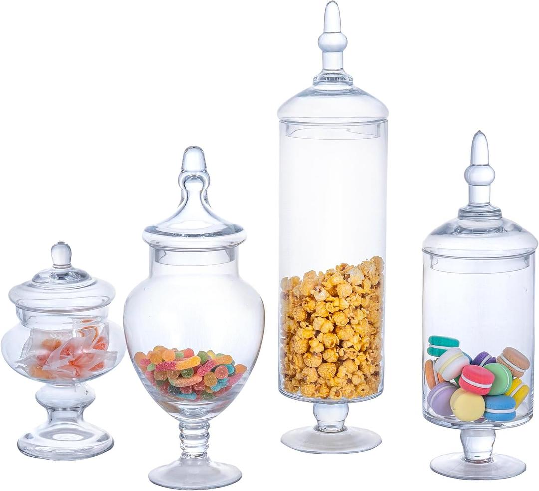 MyGift 4 Piece Set Clear Glass Apothecary Jars with Lids, Bathroom Decor, Candy Buffet, Wedding Centerpiece Decorative Jar