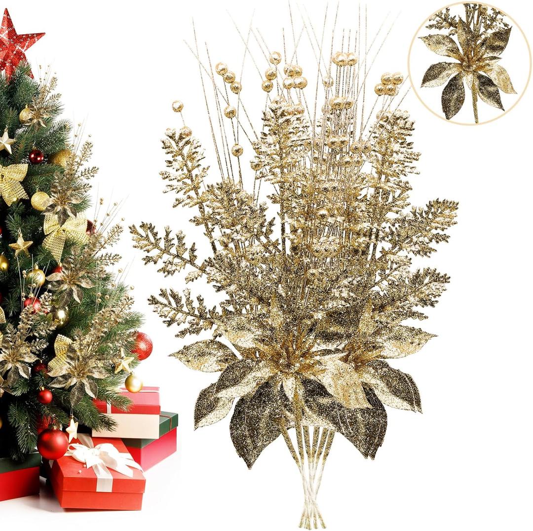 Artificial Glitter Berry Stem Ornaments, 18 Pack 17.5 Inch Gold Fake Christmas Picks Decorations with Poinsettia Christmas Flowers, Bead Sticks for Christmas Tree Wedding Small Vase Wreath Decor