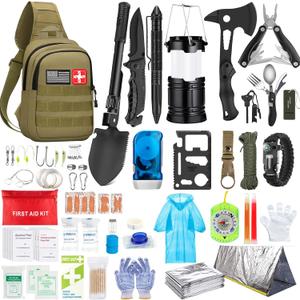 Survival Kit, First Aid Kit Survival Gear and Supplies Emergency Kit with Bug Out Bag Tactical Military Grade Molle IFAK for Camping, Earthquake, Hiking, Hunting, Gifts for Men Dad (Khaki)