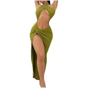 BEAUDRM Women's Twist Front Sleeveless Halter Tie Long Dress Split Thigh Backless Cut Out Cami Dresses Sexy Dress, Size M