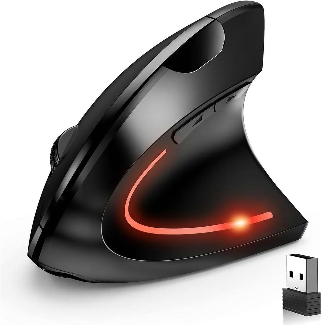 Ergonomic Vertical Wireless Mouse Stylish Rechargeable 2.4G Optical Mice Cordless Mouse with USB Receiver, 800/1200 /1600 DPI, 5 Buttons for Laptop,PC,Mac,Computer (Black)