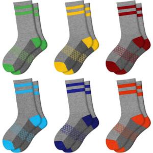 Comfoex Boys Crew Socks Half Cushioned Athletic Socks Cotton Calf Socks For Big Little Kids 6 Pairs (4-7 Years)