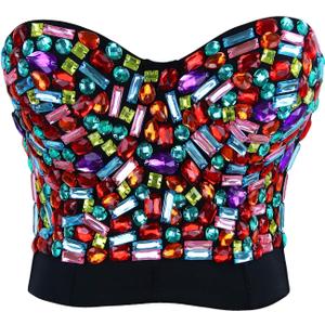 Charmian Women's Colorful Rhinestone Push Up Bra Clubwear Party Bustier Crop Top Valentines Bra Top Black Large