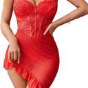 Avidlove Sexy Lingerie for Women Bodycon Ruffle Corset Lingerie Lace Mesh Babydoll Dress with Underwire Floral Sleepwear (2XL, Red)