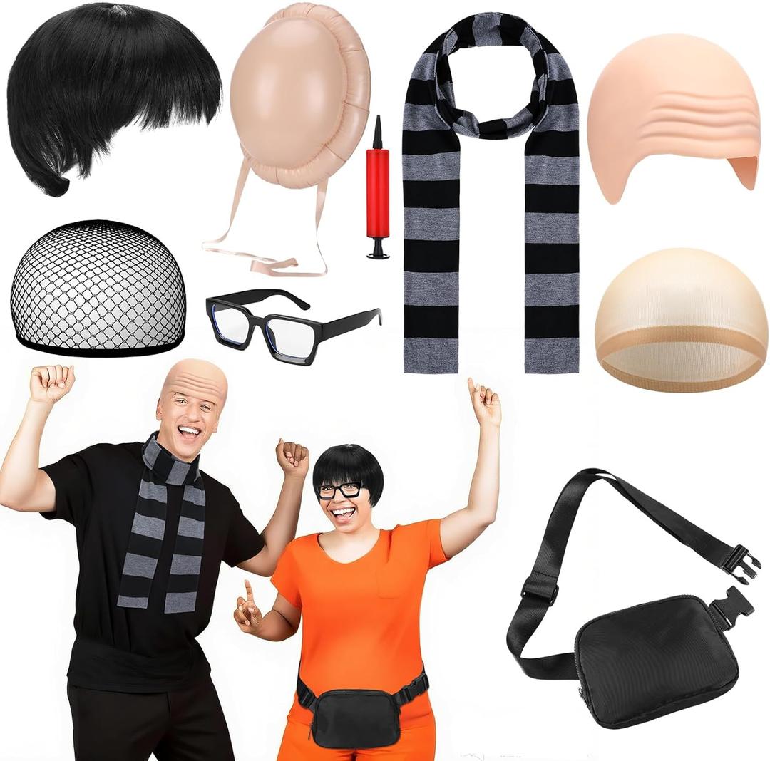 9 Pcs Halloween Criminal Couple Costume Accessories Include Short Mushroom Wig Inflatable Fake Belly Black Fanny Pack Square Glasses Gray Striped Scarf Bald Cap for Halloween Party Cosplay