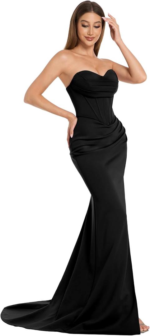 Women Formal Dress for Wedding Guest Elegant Evening Prom Gown Maxi Corest Gala Bodycon Party Dress, Sweetheart Neck Strapless Built-in Bra Lace-up Back Floor Length, Small