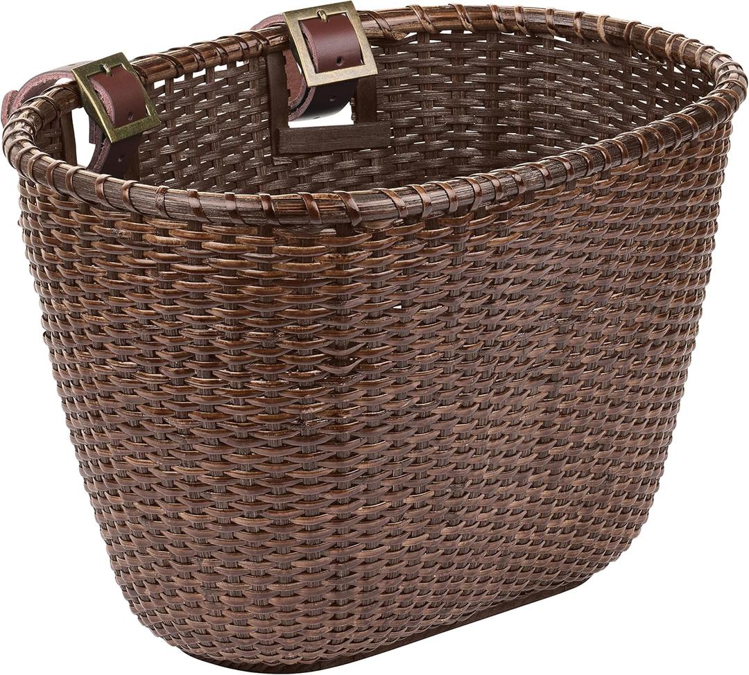Retrospec Cane Woven Oval Dreamcatcher Basket with Authentic Leather Straps & Brass Buckles (Dark Stain)