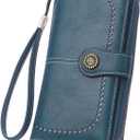 Mokoze Blue Wallet for Women, PU Leather Large Capacity Bifold Wallets with Wrist Strap and Zipper for Hold Credit Cards/Cell Phones/Keys, Girlfriends Mother's Day Gifts