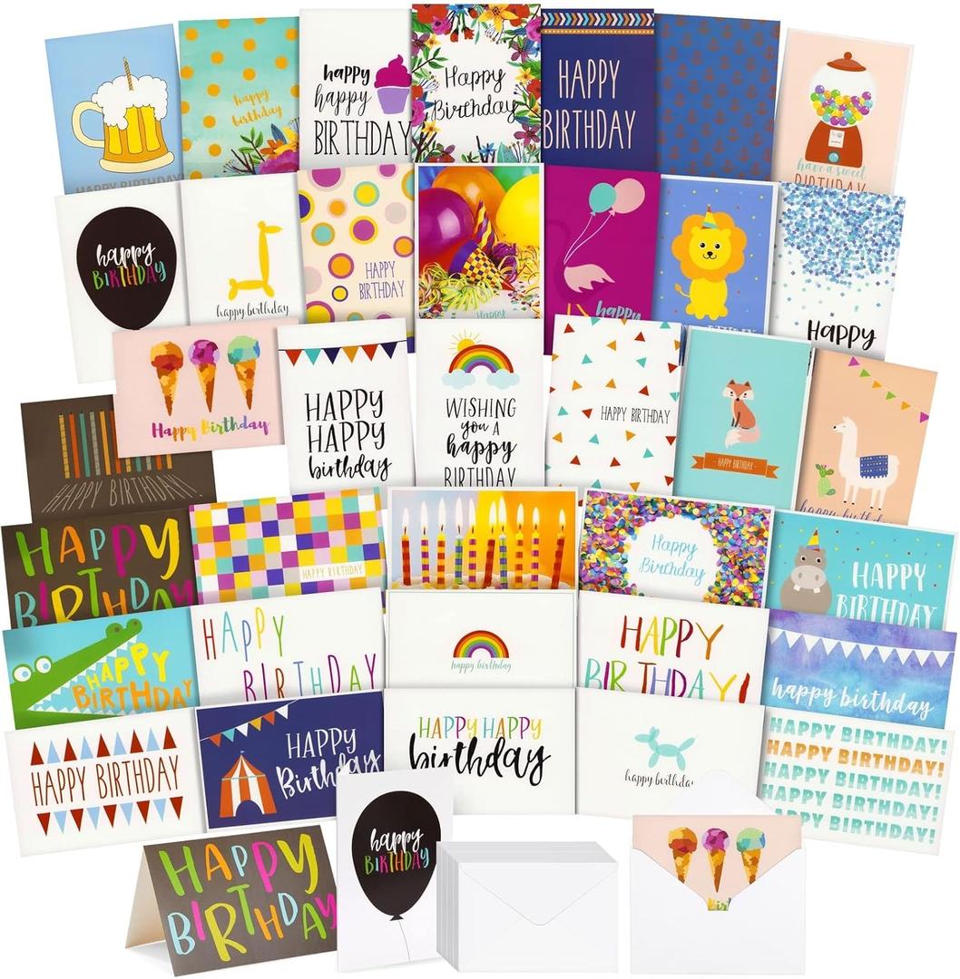 Best Paper Greetings 144 Pack Birthday Cards Bulk with Envelopes, 36 Colorful Designs for Adults and Kids, 10x15 cm