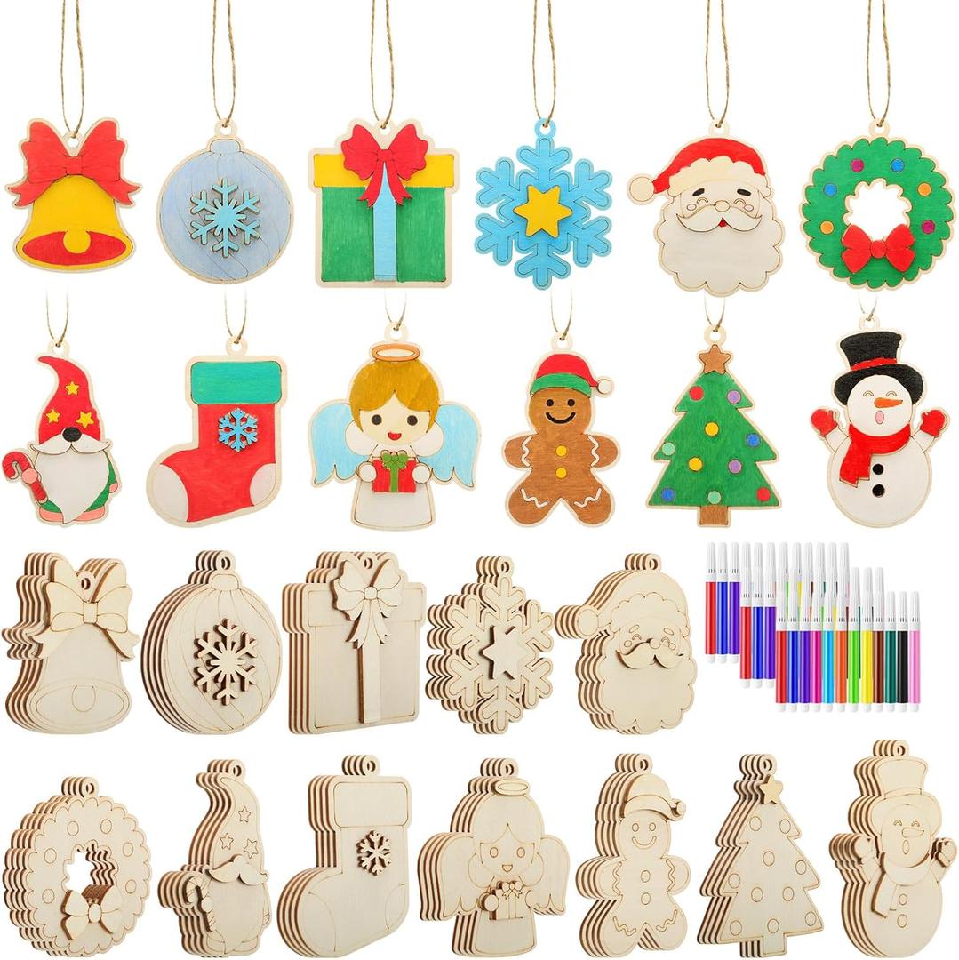 48 Pcs Christmas Painting Craft Kit for Kids, 3D Wooden DIY Ornaments with Christmas Tree Snowman Socks Gingerbread Man and Painting Set, Paint Your Own Craft Ornaments Holiday Gift Decor