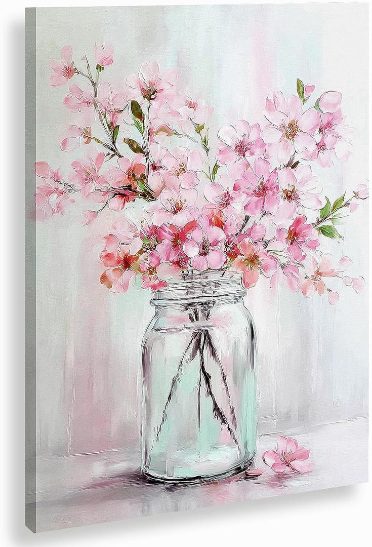 Azartslr Pink Flower Canvas Wall Art, Farmhouse Rustic Floral Art Prints For Living Room, Vintage Bathroom Botancial Painting Poster, Plants Picture Kitchen Bedroom Decoration, 24"L x 16"W