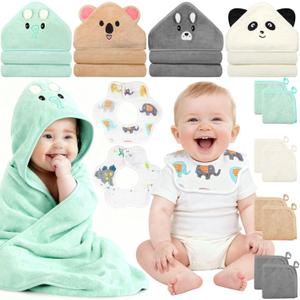 14 Pcs Baby Towels Washcloths and Baby Bibs Set, 4 Pcs 32x32 Hooded Bath Towel, 8 Pcs Baby Washcloths and 2 Pcs Cotton Baby Bibs for Newborns, Toddlers and Kids, Soft Baby Towel Set for Boys and Girls (Elephant & Panda & Bear & Koala-14pcs)