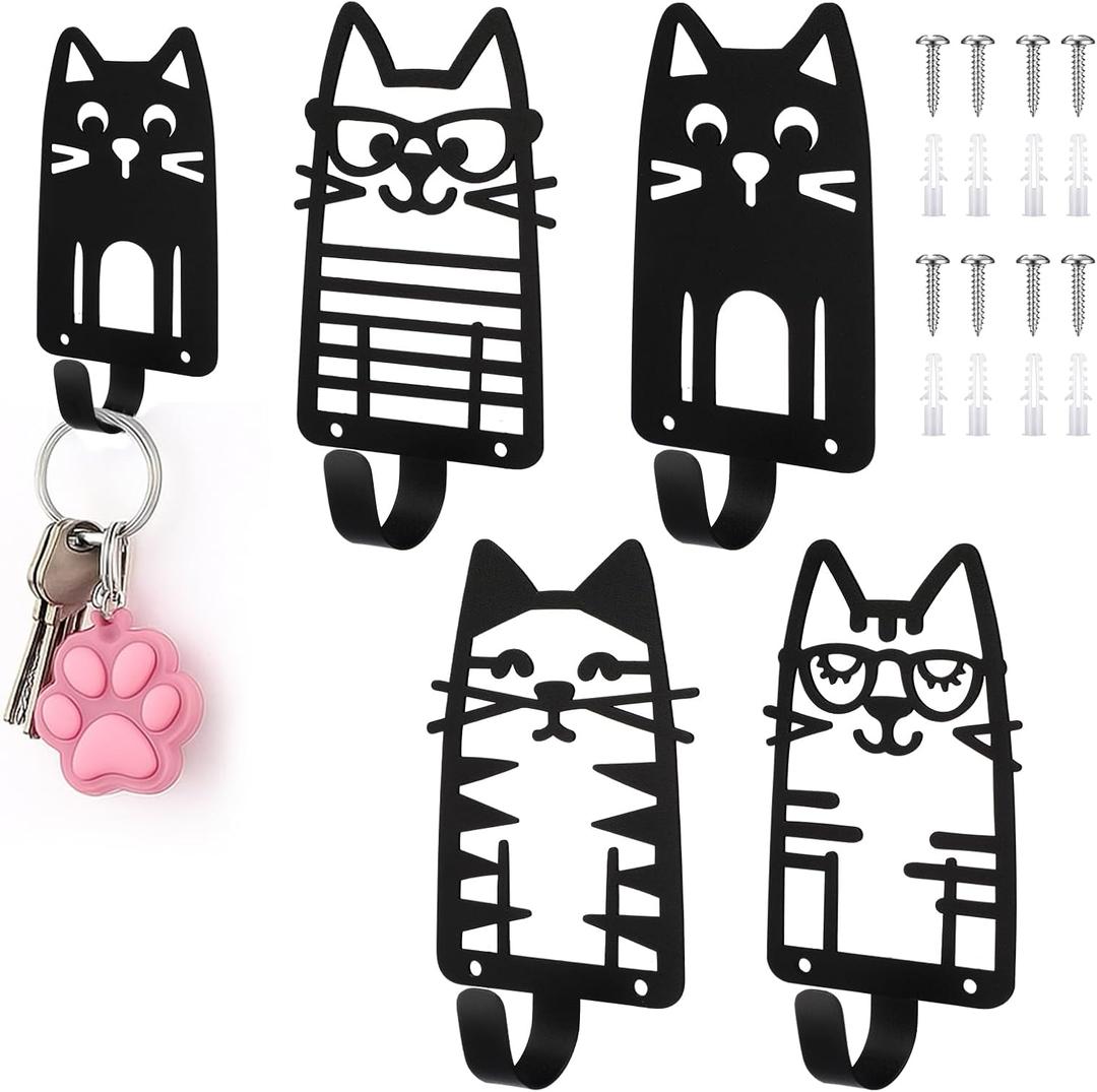 AceOrbit 4 Pcs Glasses Cat Metal Hooks Wall Mount Iron Black Decorative Wall Mounted Coat Hooks Cute Animal Key Hanger Decor Cat Lover Gifts for Clohes, Towels, Hats
