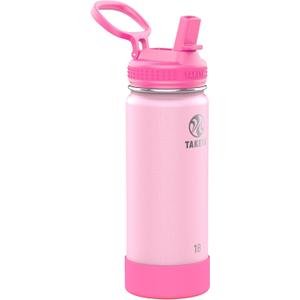 Takeya Actives Kids Water Bottle 18 oz Stainless Steel Double Wall Insulation BPA-Free Leakproof Straw Lid Easy Carry Handle Reusable Ideal for Boys and Girls, School, Sports - Summer Glow Pink
