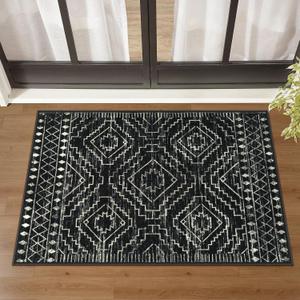 Wonnitar Moroccan Bathroom Rug,Washable 2x3 Small Bath Mat, Boho Tribal Soft Kitchen Sink Mat, Non-Slip Geometric Entry Way Rug, Low-Pile Indoor Carpet for Bedside Entrance Laundry (Black,2'x3')