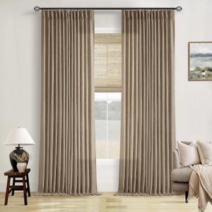 TWODRAPES Light Brown Linen Curtains Pinch Pleated Living Room Bedroom Dining Boho Light Filtering Pinch Pleat Drapes Hooks Rings Back Tab Semi Sheer Tan Latte Coffee Color Window Curtains 2 Panels