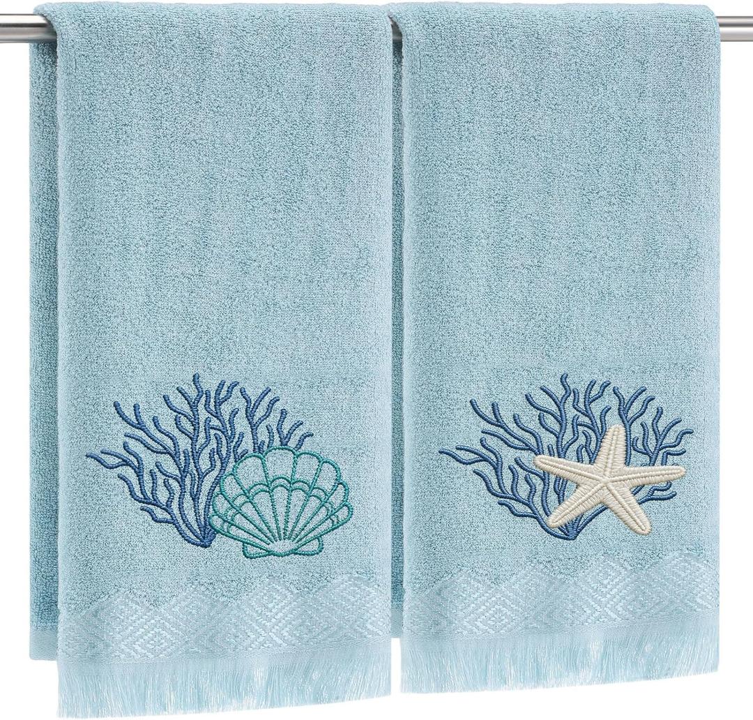 Breling 2 Pcs Summer Beach Hand Towels for Bathroom Blue Embroidered Ocean Coastal Fingertip Towels 13.8 x 29.5'' Under The Sea Seashell Starfish Absorbent Kitchen Dishcloth for Bath Guest Gifts