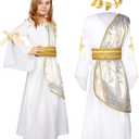 Geyoga 2 Pcs Greek Toga Costume Girls Grecian Roman Costume and Roman Crown Leaf Wreath Halloween (Kid Size, XX-Large, White Gold)