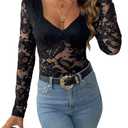 SweatyRocks Women's Sheer Floral Lace V Neck Bodysuit Long Sleeve Slim Fit Jumpsuits Black XL