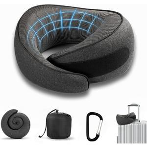 SZXYX Travel Pillows for Airplanes, 100% Pure Memory Foam Neck Pillow for Airplanes, Comfortable Breathable Cover, 360 Support Stowable Pillows for Sleeping, Car, Airport Travel Essentials Black L