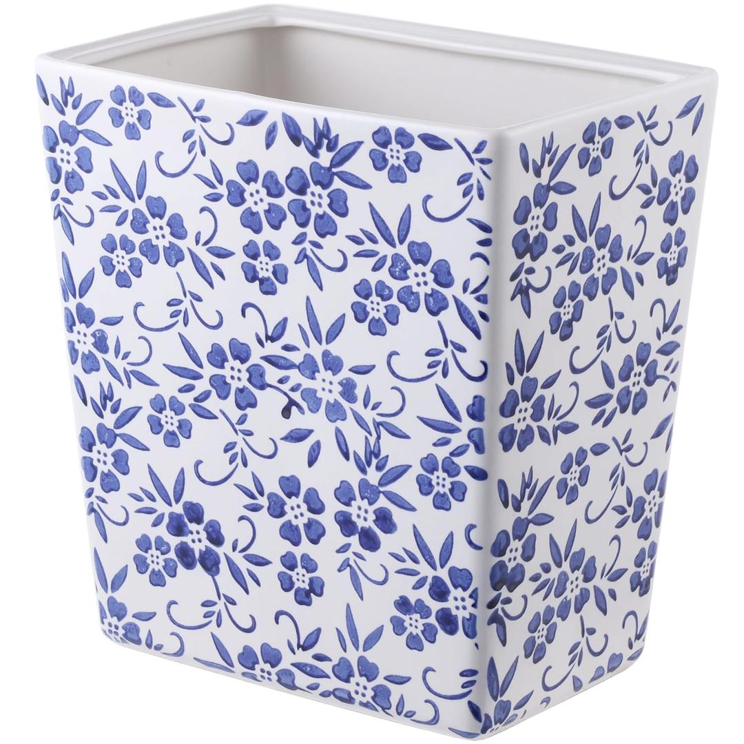 Blue and White Floral Ceramic Trash Can – 2.5 Gallon Small Bathroom & Kitchen Garbage Bin, Decorative Waste Basket for Bedroom, Office, Hotel – Elegant Floral Design, Heavy Duty (9 Liter, Gift Idea)