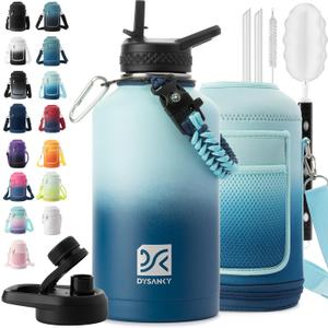 Insulated Water Bottle | Thickened Stainless Steel Vacuum Metal | Portable Sports Half Gallon Large Water Jug for Gym and Hiking with Straw, Carrier Bag, Handle Strap | BPA-Free 64 oz (Gradient Blue)