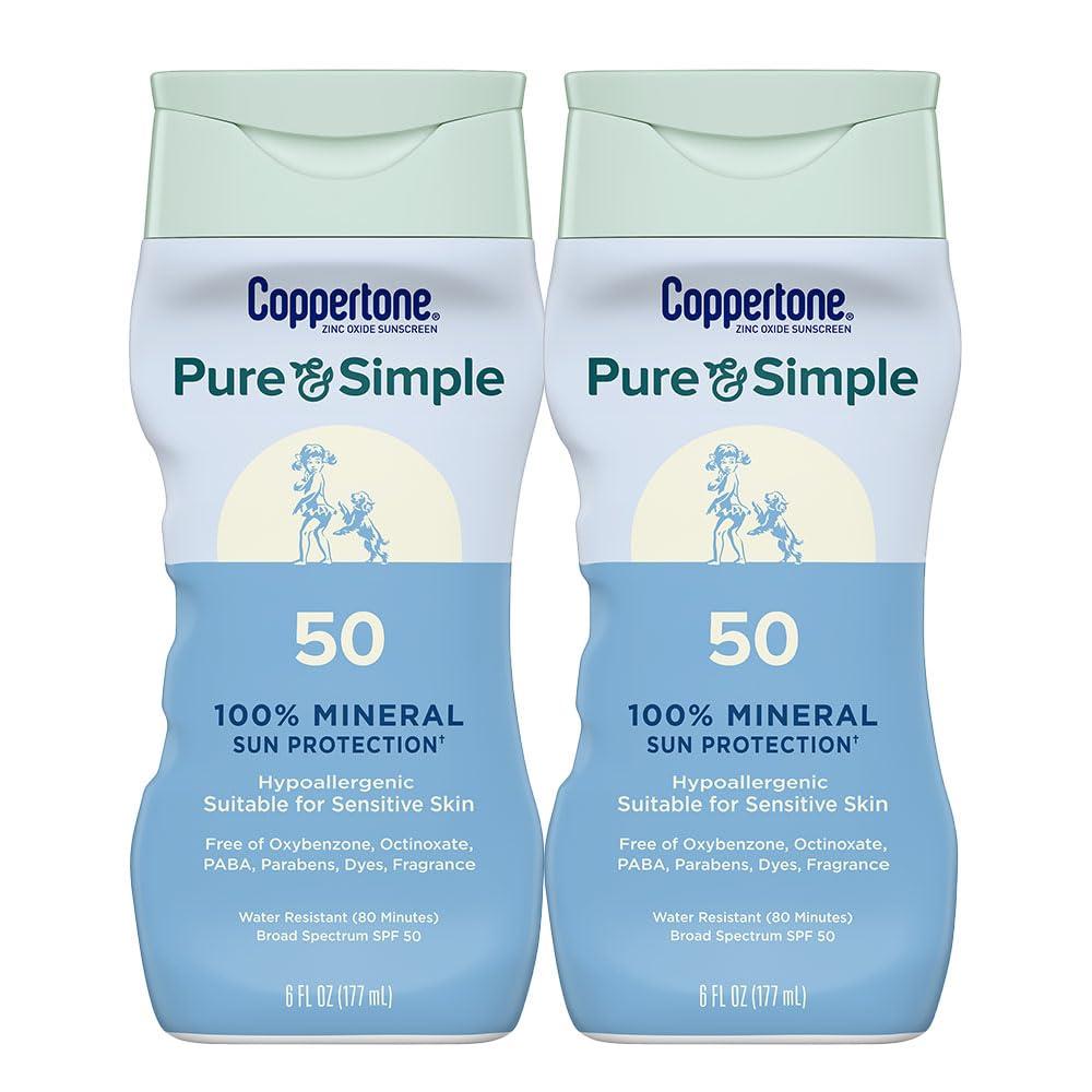 Coppertone Pure and Simple Zinc Oxide Mineral Sunscreen Lotion SPF 50, Water Resistant Sunscreen for Sensitive Skin, Hypoallergenic and Fragrance Free, 6 Fl Oz Bottle, Pack of 2