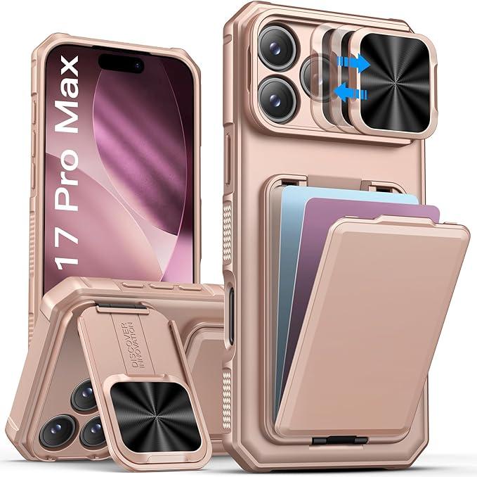 SSLOTSCASE for iPhone 17 Pro Max Case with Wallet & Sliding Lens Cover & Kickstand & Credit Card Holder & Camera Stand, MilitaryGrade Protection Phone Case Cover for iPhone 17 Pro Max 2025, Rose Gold
