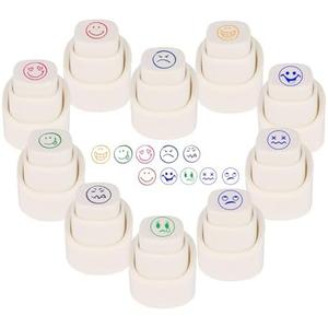 Emotion Face Planner Stamps Set of 10 - Button-Type Flash Stamps with Easy-Grip Stamper & Hang Rope for Journaling and Book Annotation
