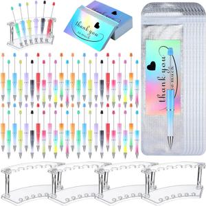 Tenceur 148 Pcs Beadable Pen Set Back to School Gift 48 Plastic Beadable Pen 48 Resealable Pouch Bag 48 Thank You Cards 4 Pcs Plastic Pen Holder Clear Display Stand for Student(Gradient Color)