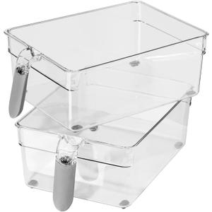 Oggi Set of 2 Storage Bins With Handles - Wide (11.75" x 6.75" x 4.25") - Ideal for Kitchen Organization, Pantry Storage, Fridge Organizing, Clear