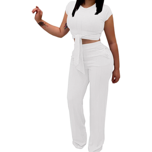 EDITCOZY Women 2 Piece Outfits Sexy Tie Front Crop Top Wide Leg Pants Sets Casual Summer Ribbed Two Piece Set, L