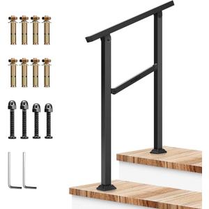 VIVOSUN Outdoor Handrail, 2 Step Stair Handrail, 26"  36" Fits 1 to 2 Steps, Wrought Mattle Iron Handrail for Concrete Steps, Porch Steps, One-Step Assembly, Black
