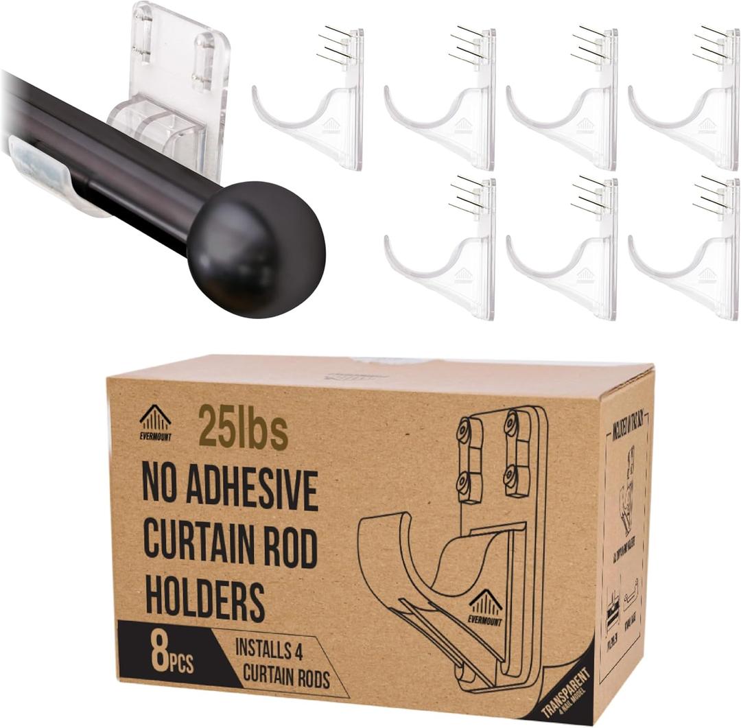No Adhesive Heavy Duty Curtain Rod Holders with Wide Hook, 5X Stronger Than Adhesive Curtain Rod Hooks,Tension Curtain Rod Bracket for Wall with Pin Guide, Curtain Wall Mount (8 Pack, for 1.25" Rods)