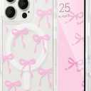 UEEBAI Magnetic for iPhone 15 Pro Max Case, Bow Case Compatible with MagSafe, Wireless Slim Clear Ribbon Aesthetic Phone Cover Anti-Yellowing Shockproof Protective Cover for Women Girl - Pink