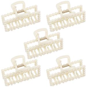 5 PCS Simulated Pearl Hair Claw Clips for Women | Multi-Use Barrettes for Thin Hair with Non-Slip Strong Hold | Barrettes for Thick & Curly Hair Accessories | Flat Claw Clips for Women, Off-White