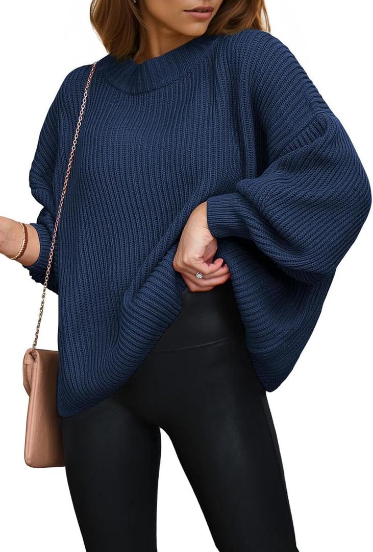 PRETTYGARDEN Womens Sweaters Spring 2026 Oversized Chunky Knitted Pullover Sweater Casual Long Sleeve Crewneck Cute Sweaters (Small, Navy)