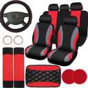 Sinmoe 17 Pcs Car Seat Covers Full Set, Steering Wheel Cover, Center Console Pad, Armrest, Safety Belt, Seatbelt Cup Mats Emblem Ring Sticker Accessories Set (Black, Red)