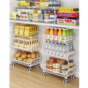 OKZEST 3-Tier Rolling Pantry Floor Organizer and Storage Cart with Wheels, Stackable Wire Pantry Baskets for Pantry Shelves, Kitchen Storage Rack and Fruit Basket Stand for Fruit Snack Onion Potato