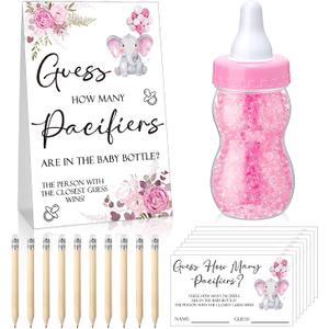 Roowest 512 Pcs Baby Shower Games Guess How Many Pacifiers Sign 100 Small Guessing Games 10 HB Pencils 750ml Milk Bottle 400 Acrylic Pacifiers Decoration for Guest Gender Reveal(Pink,Elephant)