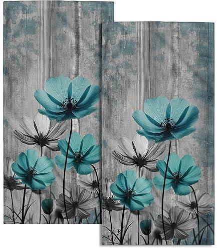 Teal Grey Poppy Flower Kitchen Dish Towels Set of 2, Turquoise Floral Drying Hand Towel Baking Cooking Cloth, Spring Summer Bathroom Home Decoration 18 x 26 Inches
