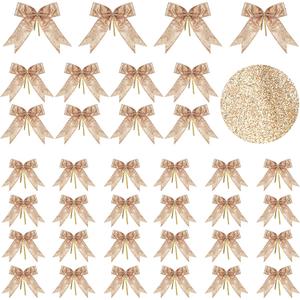 Waydress 36 Pieces Bow Decor, Christmas Tree Bow Ornament, Glitter Ribbon Bowknot for Wreath Garland, Party Crafts Home Decoration, 3 Sizes 4.3 x 4.7, 5.1 x 5.5, 6.3 x 6.7 Inch(Champagne Gold)