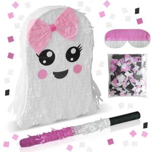 Cute Large Pink Halloween Ghost Piata White Spooky Ghost Piata with Stick and Blindfold Halloween Mexican Piata Birthday Party Game Supply Decorations Fillable for Candy,Toys,Treats