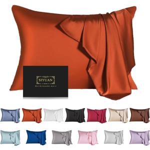 Mulberry Silk Pillowcase for Hair and Skin,Queen Size Cooling Silk Pillow Case with Hidden Zipper,Allergen Proof Dual Sides Soft Breathable Smooth Silk Pillow Cover for Women(Queen,Orange)