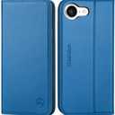 SHIELDON Wallet Case for iPhone 16e 2025, Genuine Leather Flip Case RFID Blocking Card Slot Kickstand Magnetic Shockproof TPU Phone Holder Cover Compatible with iPhone 16e 6.1" - Nappa Sapphire Blue