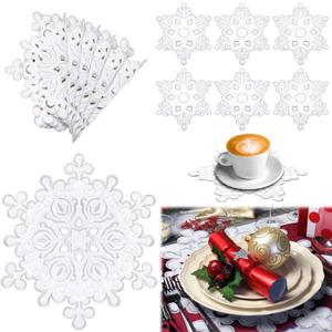 Tudomro 12 Pcs Christmas Snowflake Placemats and Coaster Set of 6 Round Table Placemats Embroidered Washable Snow Flake Mats for Xmas Winter Holiday Wedding Party Festival Dinner Decorations