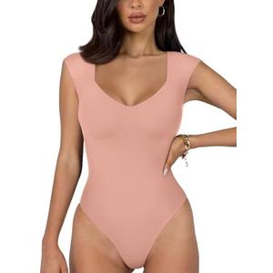 REORIA Butsmooth® Women's Trendy Sexy Casual V Neck Double Lined Sleeveless Slimming Going Out Tank Top Bodysuits, size Medium